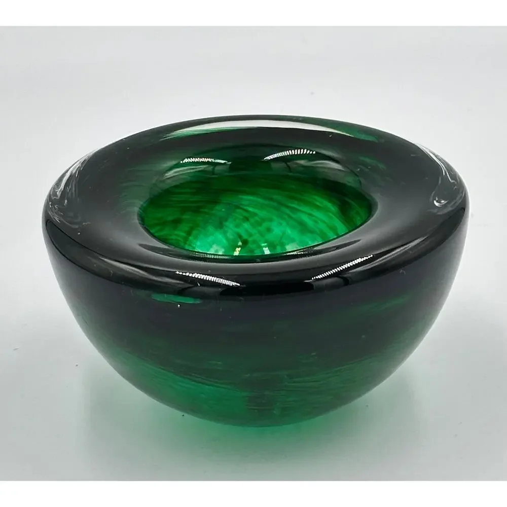 Kosta Boda Atoll Glass Bowl 4.25” Green Swirl Tealight Candle Holder Paperweight